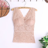 Fashion Women Sexy  Lace Flower Crop Top With Chest Pad Long V-Neck Sleeveless Solid Color Vest Tops Camisole