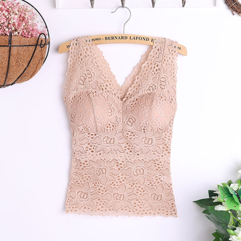 Fashion Women Sexy  Lace Flower Crop Top With Chest Pad Long V-Neck Sleeveless Solid Color Vest Tops Camisole