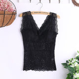 Fashion Women Sexy  Lace Flower Crop Top With Chest Pad Long V-Neck Sleeveless Solid Color Vest Tops Camisole