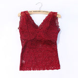 Fashion Women Sexy  Lace Flower Crop Top With Chest Pad Long V-Neck Sleeveless Solid Color Vest Tops Camisole