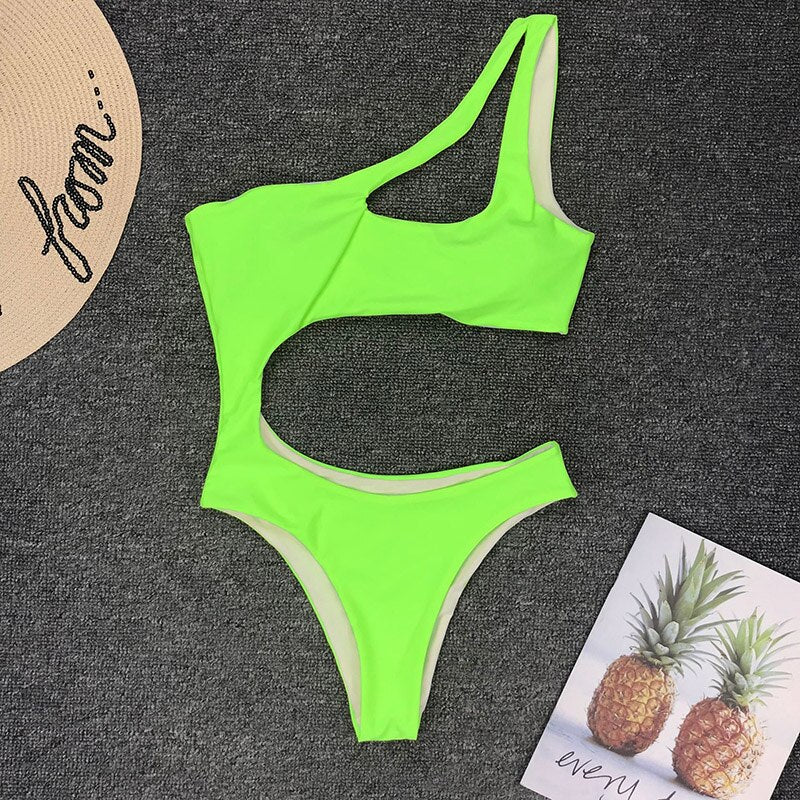 Sexy Cut Out One Piece Swimsuit 2022 One Shoulder Swimwear Women High Cut Swimsuit Female Solid Monokini Bathing Suit Beachwear