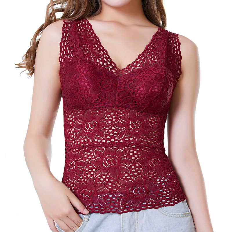 Fashion Women Sexy  Lace Flower Crop Top With Chest Pad Long V-Neck Sleeveless Solid Color Vest Tops Camisole