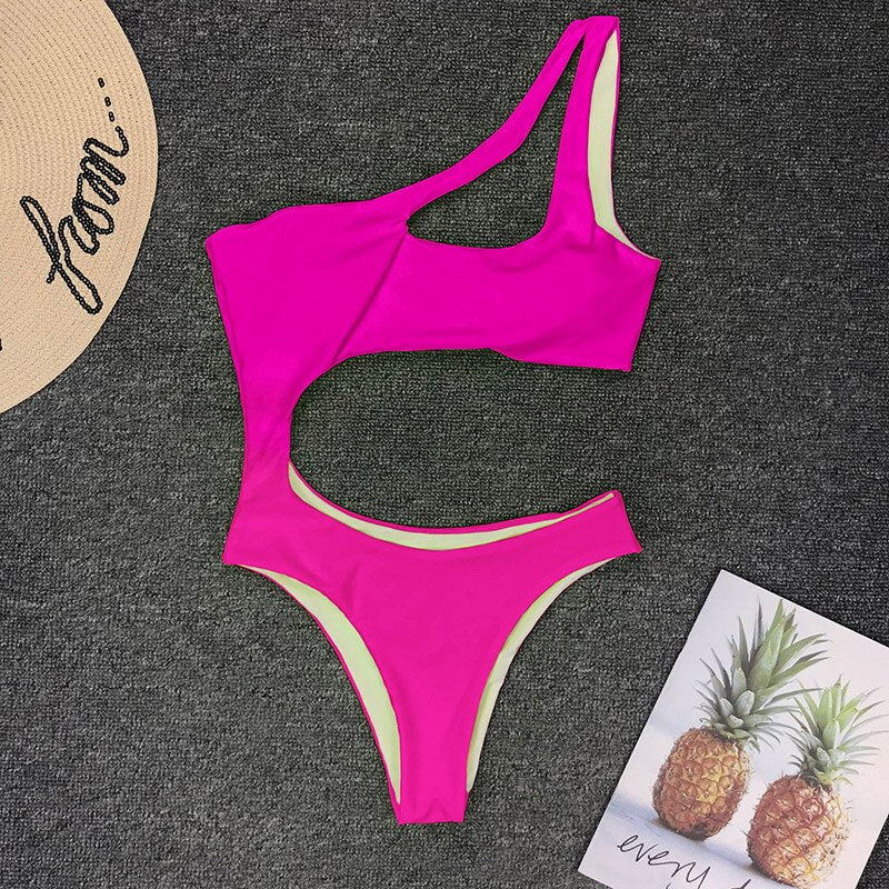 Sexy Cut Out One Piece Swimsuit 2022 One Shoulder Swimwear Women High Cut Swimsuit Female Solid Monokini Bathing Suit Beachwear