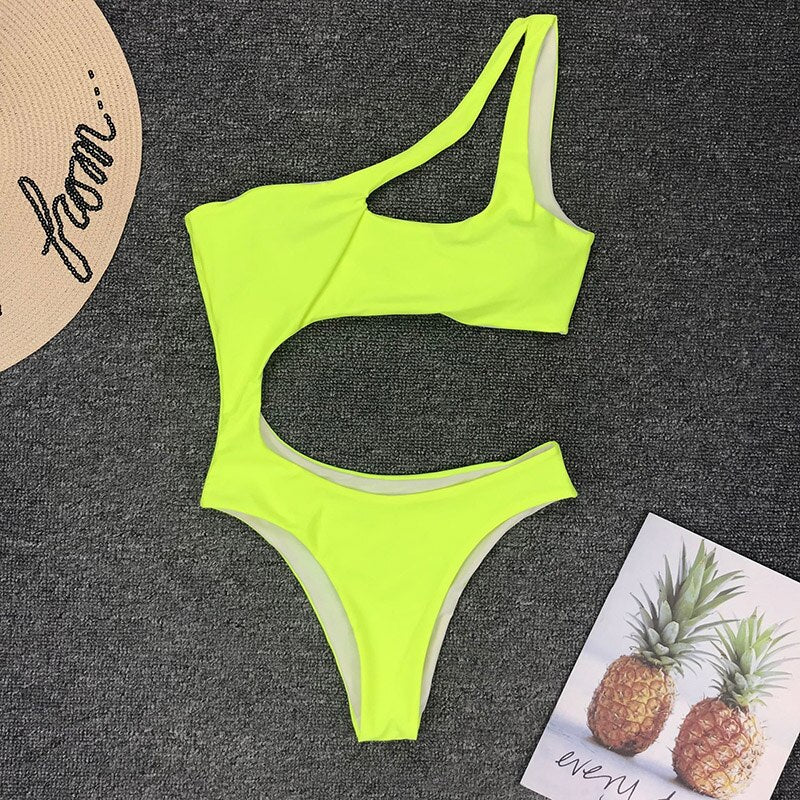 Sexy Cut Out One Piece Swimsuit 2022 One Shoulder Swimwear Women High Cut Swimsuit Female Solid Monokini Bathing Suit Beachwear